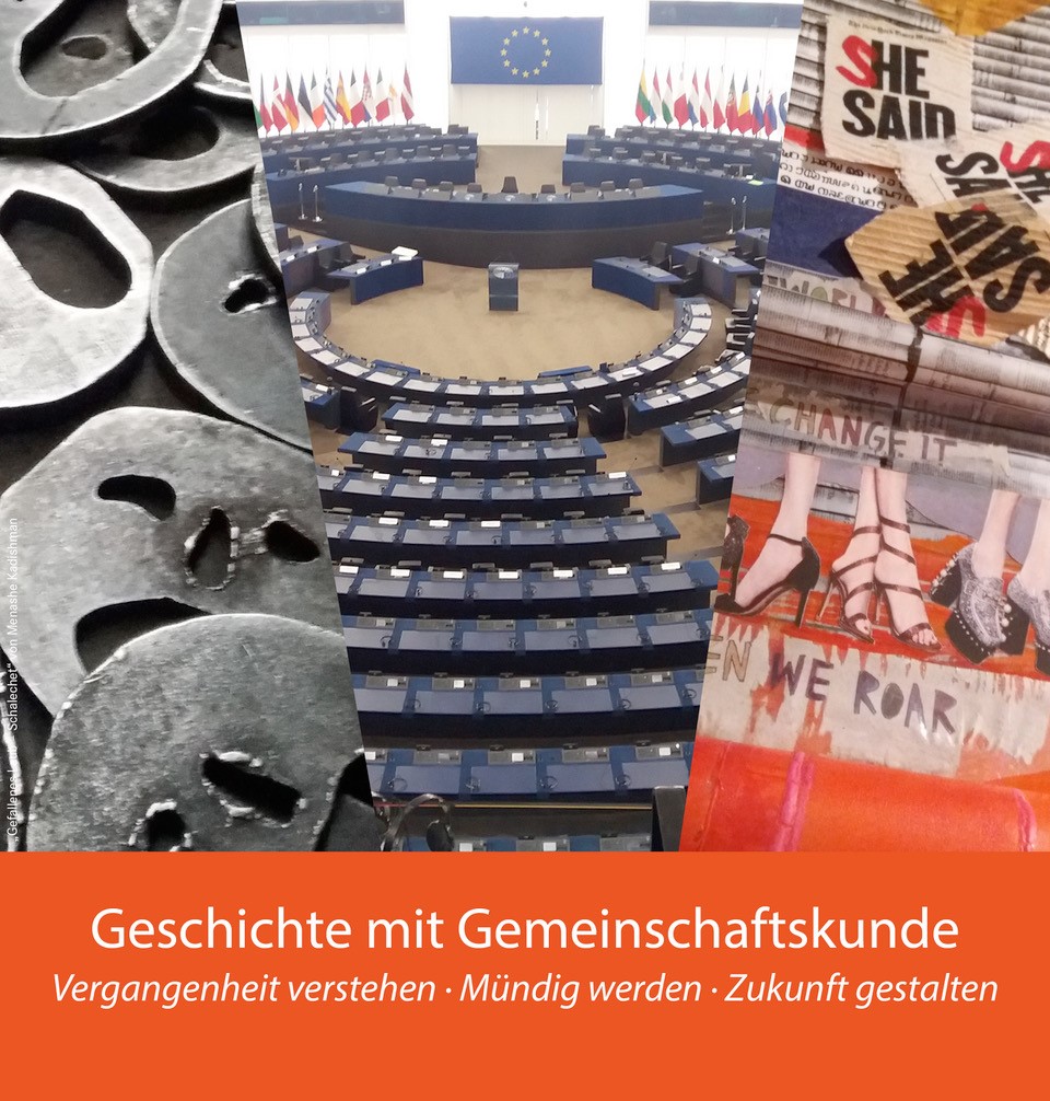 Geschichte mit Gemeinschaftskunde: Vergangenheit verstehen – Mündig werden – Zukunft gestalten  Eine Fotomontage aus drei Elementen symbolisiert die drei zentralen Perspektiven des Faches GGk: -    Links: Vergangenheit verstehen Ein fotografisches Detail aus der Installation des israelischen Künstlers Menashe Kadishman, zu sehen im Jüdischen Museum in Berlin, mit dem Titel Schalechet (Fallen Leaves – Gefallene Blätter), zur Erinnerung an die Opfer der Shoah.  -        Mittig: Mündig werden Ein Foto aus dem Plenarsaal des Europa-Parlaments, mit Blick auf das Rednerpult, die EU-Flagge und die Flaggen der EU-Mitgliedsstaaten im Hintergrund. -     Rechts: Zukunft gestalten Eine Bild-Text-Collage aus Plakaten mit den Slogans „He Said/She Said“ und „We change it, when we roar“. Das Kunstwerk ist eine Anspielung auf den Prozess der Emanzipation von Frauen bzw. anderen gesellschaftlichen Gruppen und zeigt, wie durch eine kleine Veränderung große Wirkung entsteht.*