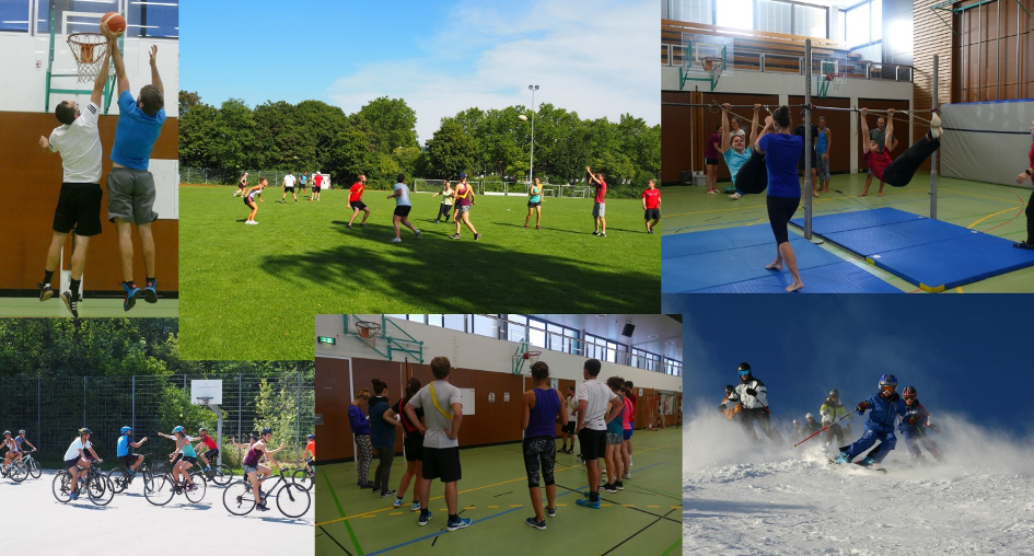 Die Collage zeigt verschiedene Gruppen von Jugendlichen bei der Ausübung unterschiedlicher Sportarten. Oben links: Bild von zwei basketballspielenden Jugendlichen im eins gegen eins beim Korbwurf; oben Mitte: Bild von ballspielenden Jugendlichen auf einem Rasenplatz; oben rechts: Bild von turnenden Jugendlichen an Geräten und Helfenden in einer Sporthalle; unten links: Bild von radfahrenden Jugendlichen in einem Schulhof; unten Mitte: Bild einer Theoriephase an einem Whiteboard mit Lehrperson und Jugendlichen in einer Sporthalle; unten rechts: Bild von skifahrenden Jugendlichen auf einer Skipiste