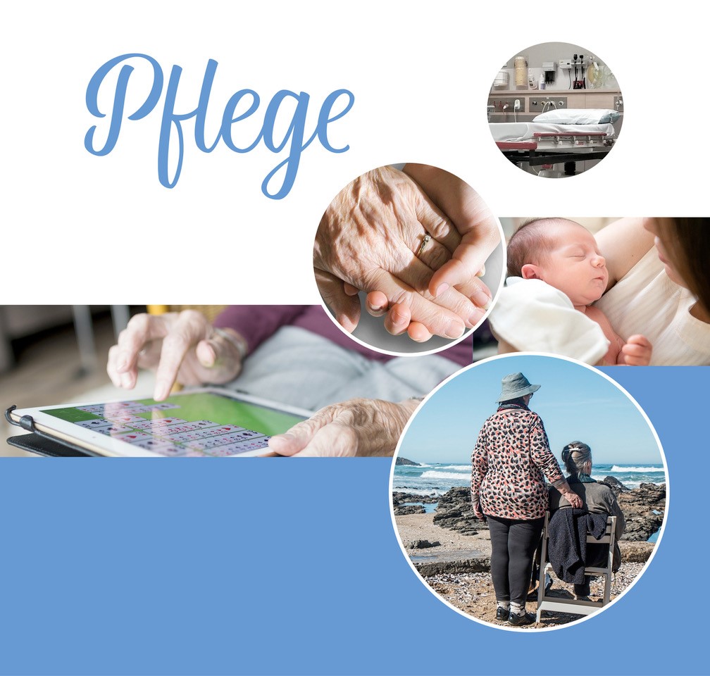 Bildinformation zum Internetauftritt der Fachdidaktik Pflege/ berufliche Schulen Bild 1: Abbildung eines Behandlungszimmers im Krankenhaus Bild 2: eine junge Hand hält eine alte Hand Bild 3: eine Mutter hält ihr Neugeborenes im Arm Bild 4: Eine ältere Person spielt Karten am Tablett Bild 5: Eine stehende und eine sitzende ältere Dame, mit dem Rücken dem Betrachter zugewandt        schauen hinaus aufs blaue Meer