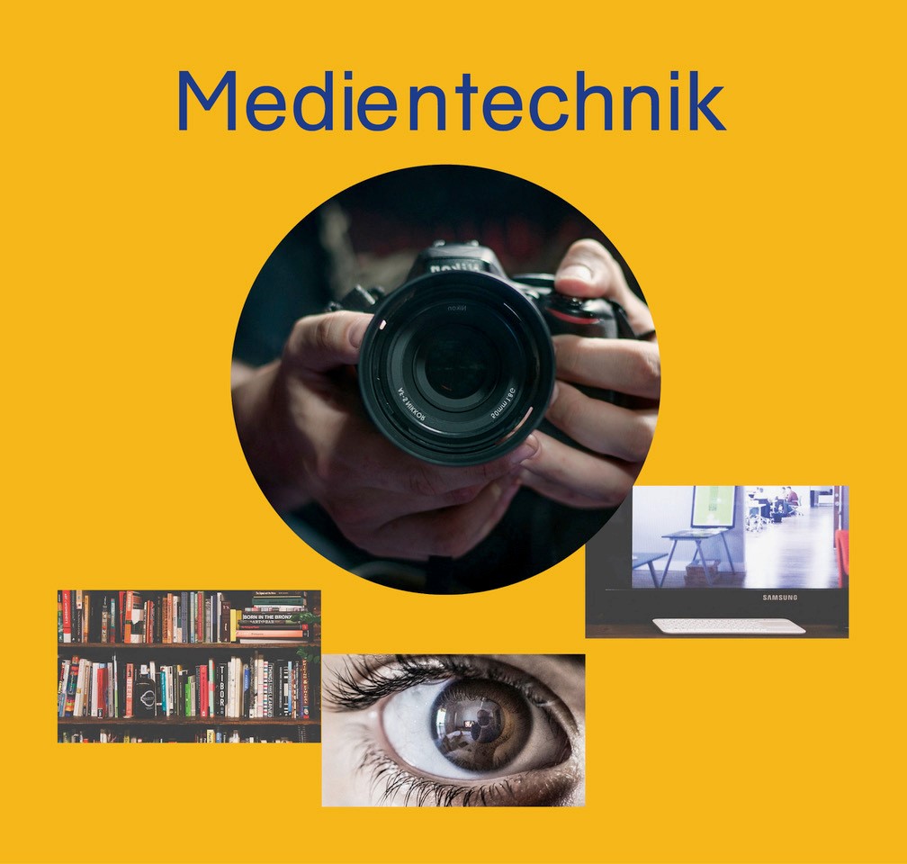 Bild als Collage  bestehend aus dem Schriftzug „Medientechnik“ sowie verschiedenen Fotos: Oben – rundes Foto: Fotoapparat gehalten von zwei Händen  Fotos unten von links nach rechts: Regal mit Datenträgern, Auge, Rechner mit Tastatur