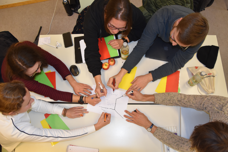 Auf dem Bild sind fünf Referendar*innen zu sehen, die gemeinsam ein Placemat erstellen. Das Bild ist von oben aufgenommen, weswegen man kaum die Gesichter erkennen kann. Zu sehen sind vor allem die Köpfe und die Hände der Referendar*innen wie sie gemeinsam das Placemat erstellen. 