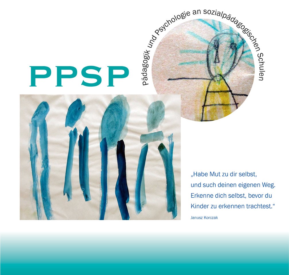 Bildüberschrift Bild 1: Pädagogik und Psychologie an sozialpädagogischen Schulen Bild 1: Kinderzeichnung: menschliche Figur, gelber Rumpf, großer Kopf mit Augen, Nase und Mund, blaue in alle Richtungen abstehende Haare   Bild 2: Kinderzeichnung: Vier ungefähr gleich große Kopffüßler mit blauen Wasserfarben auf hellem welligen Hintergrund gestaltet, die menschlichen Figuren werden mit zwei bis drei Strichen und einem flächig ausgemalten Kreis dargestellt Neben Bild 2: „Habe Mut zu dir selbst, und such deinen eigenen Weg. Erkenne dich selbst, bevor du Kinder zu erkennen trachtest“ (Janusz Korczak)