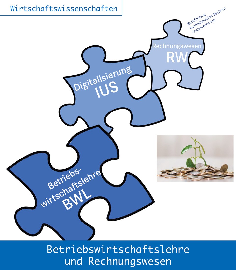 Bild 1: Wirtschaftswissenschaften  Bild 2: drei Puzzleteile Betriebswirtschaftslehre BWL Digitalisierung IUS Rechnungswesen RW  Bild 3: Pflanze wächst auf einem Geldhaufen  Bild 4: Mann und Frau und im Hintergrund die Weltkarte