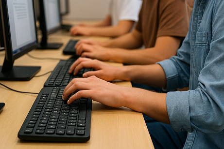 Ausschnitt mit Armen und Händen von Schülerinnen und Schülern, da auf einer Tastatur im Unterricht schreiben.