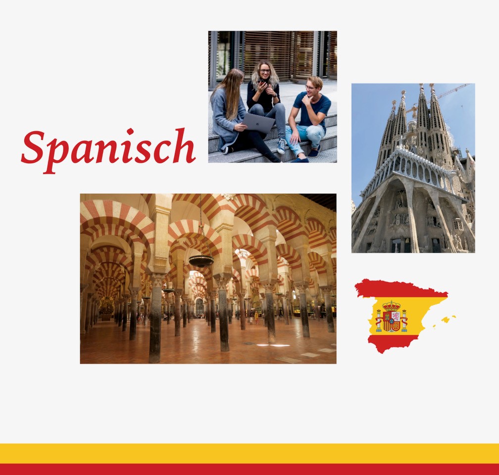 Bild 1: junge Menschen sitzen auf einer Treppe vor einer Schule und unterhalten sich, eine Person hat einen laptop in der Hand, links zwei Frauen, rechts ein Mann Bild 2: Aufnahme von vorne von Sagrada Familia in Barcelona Bild 3: Umrisse von Spanien, darauf zu sehen ist eine Flagge von Spanien, die sich über die ganze península erstreckt Bild 4: Bild von der Mezquita de Córdoba innen (Torbögen in rot und beige gestreift)