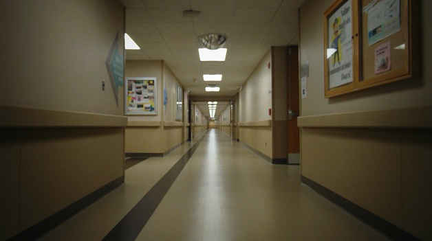 Auf der bildlichen Darstellung ist ein langer, leerer Krankenhausflur mit Deckenbeleuchtung und Informationsplakaten an den Wänden zu sehen.