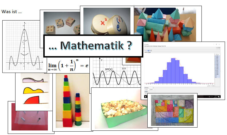 Die Bandbreite der Mathematik Auf dem Bild ist zu sehen, wie facettenreich die Mathematik in der Schule unterrichtet werden kann. Abgebildet sind die Efron‘schen Würfel, verschiedenfarbige Bauklötze, eine gefüllte Popcorn Schachtel, ein gemaltes Bild mit mathematischen Strukturen, verschiedene mathematische Schaubilder, mehrere geometrische Körper aus Papier und weitere mathematische Modelle.