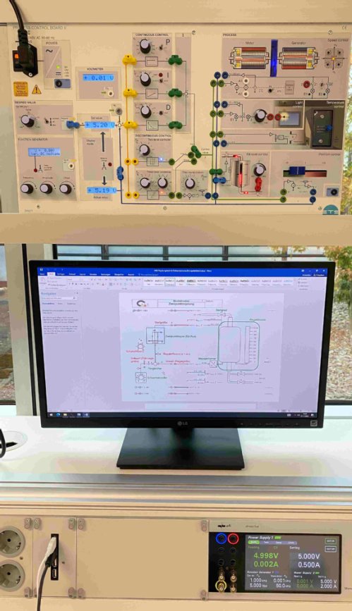 Auf dem Bild abgebildet ist eine Steuerungstafel mit verschiedenen Bedienelementen und Anzeigen, darunter ein Monitor mit einem Schaltplan. Bei der Darstellung handelt es sich um einen Arbeitsplatz für Schülerinnen/Schüler in einem Elektrolabor der Karl-Arnold-Schule in Biberach mit einem Versuchsaufbau zum Thema Regelungstechnik.
